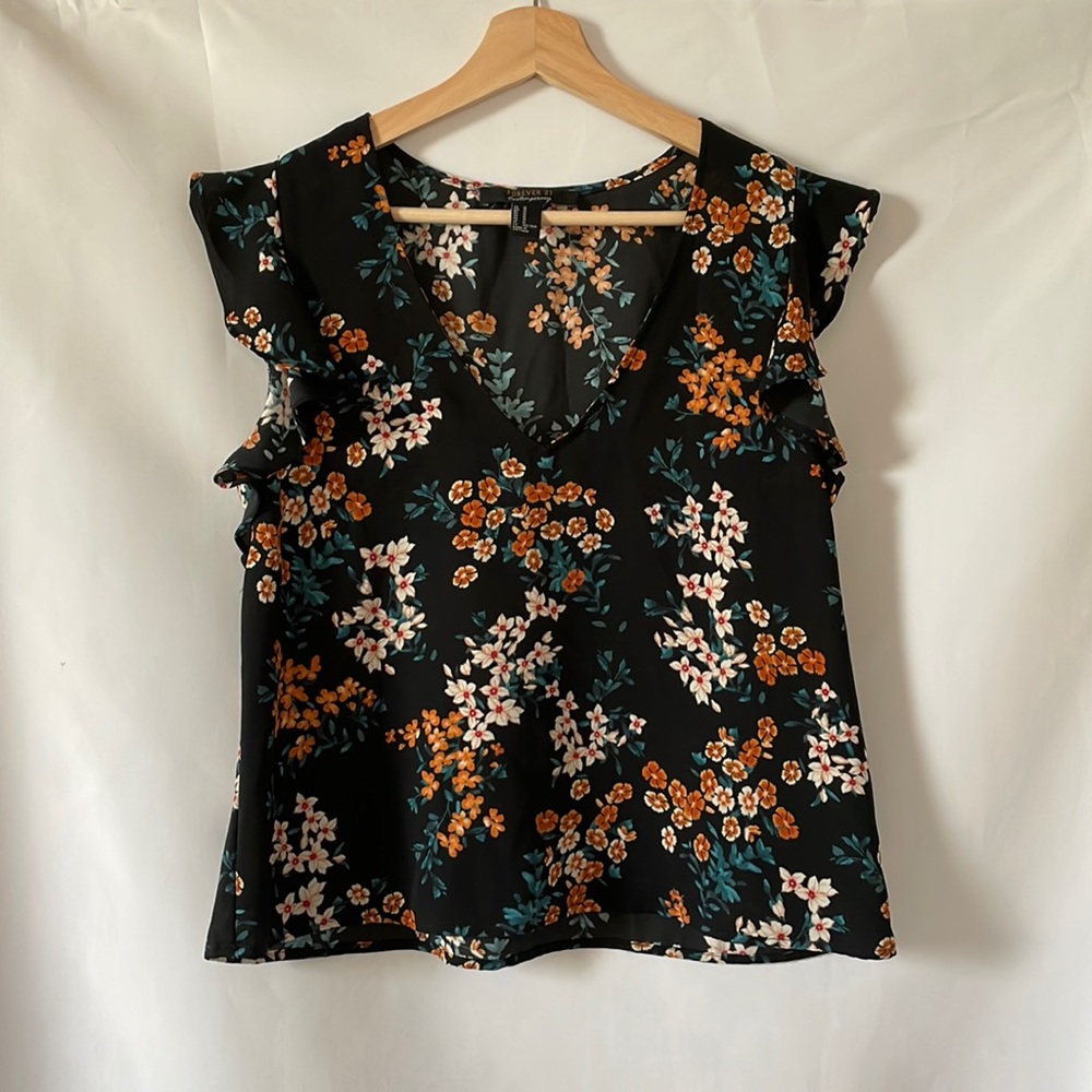 Black Floral Flutter Sleeve Blouse